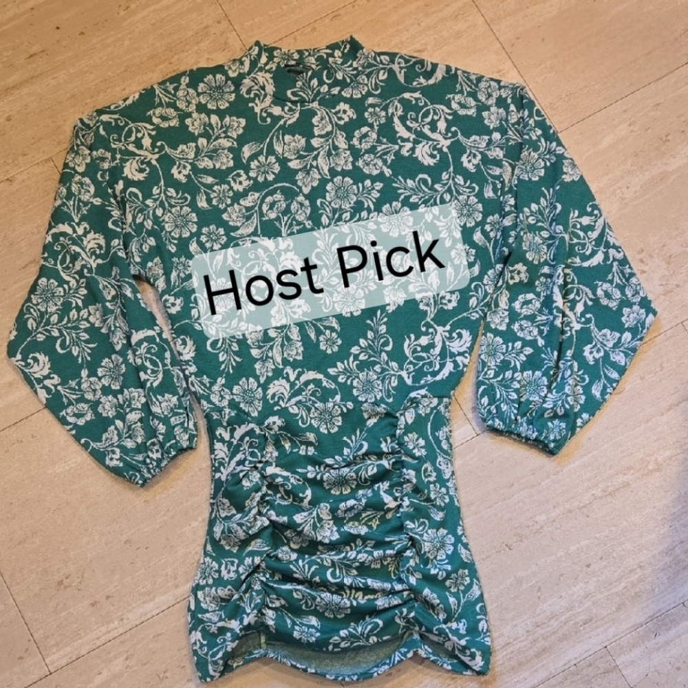 Zara Festive Jacquard Balloon Sleeve Knit Green/White Floral Ruched Dress